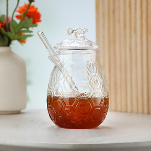 Honeycomb Hexagonal Pattern High Borosilicate Glass with Transparent Glass Lid Stirring Stick Honey Jar Three-Piece Set