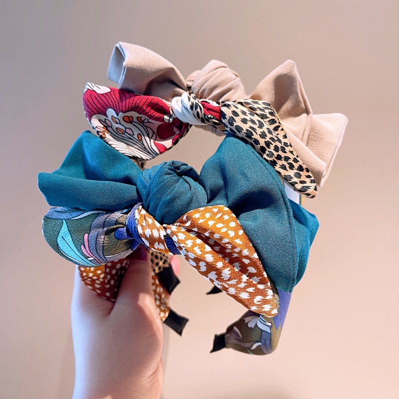 130g Weight Headwear Classification Travel, Festival Occasion Bow Knot Pattern Women'S Gender Retro Style Khaki, Green, Black Color Korean Style Printed Splicing Bows Headband Wholesale Nihaojewelry 1