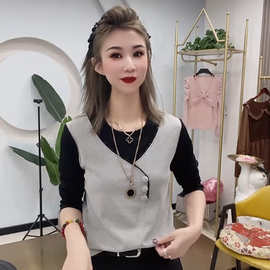春秋季新款时尚减龄修身显瘦假两件气质休闲简约通勤上衣一件代发