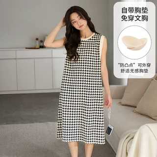 夏季可外穿长款带胸垫睡裙女夏季仿棉薄款免穿文胸家居服睡衣休闲