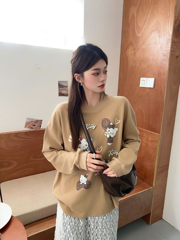 薛科科 卡通kitty猫印花纯棉长袖T 25秋季韩版潮流设计感女式打底|undefined