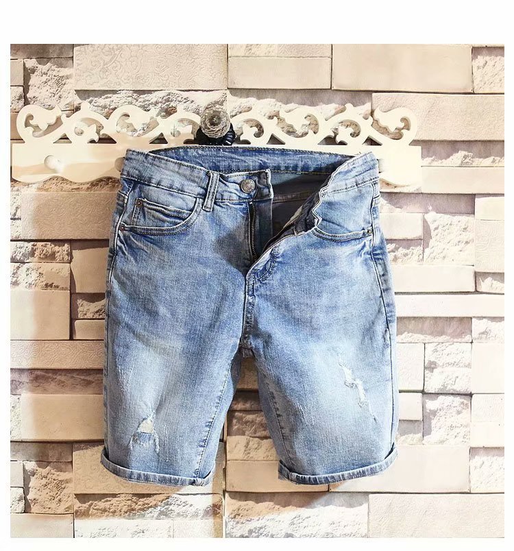 Summer Slim-fit Men's Beggar Pants Trendy Brand Scraped Denim Shorts Loose Straight Trendy Five-point Pants Trendy