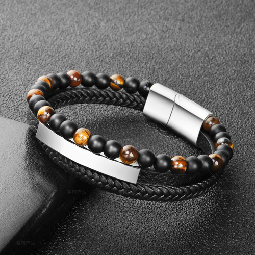 Amazon Tiger Eye Natural Stone Bead Bracelet Leather Rope Braided Bracelet Multi-layer Men's Cowhide Black Bracelet