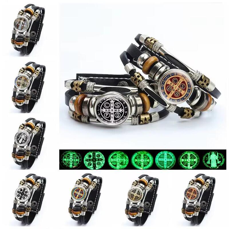 Luminous Saint Benedict Medal Multi-Layer Leather Bracelet Saint Benedict Domed Glass Adjustable Snap Button
