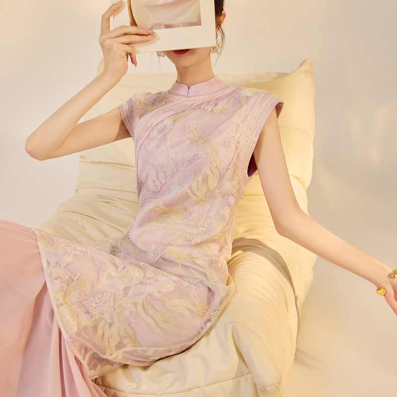 New Chinese-Style High-End Beaded Printed Patchwork Dress for Women 2026 New Model Stand Collar Sleeveless Cheongsam Dress N6040 New Chinese-Style High-End Beaded Printed Patchwork Dress for Women 2026 New Model Stand Collar Sleeveless Cheongsam Dress N6040