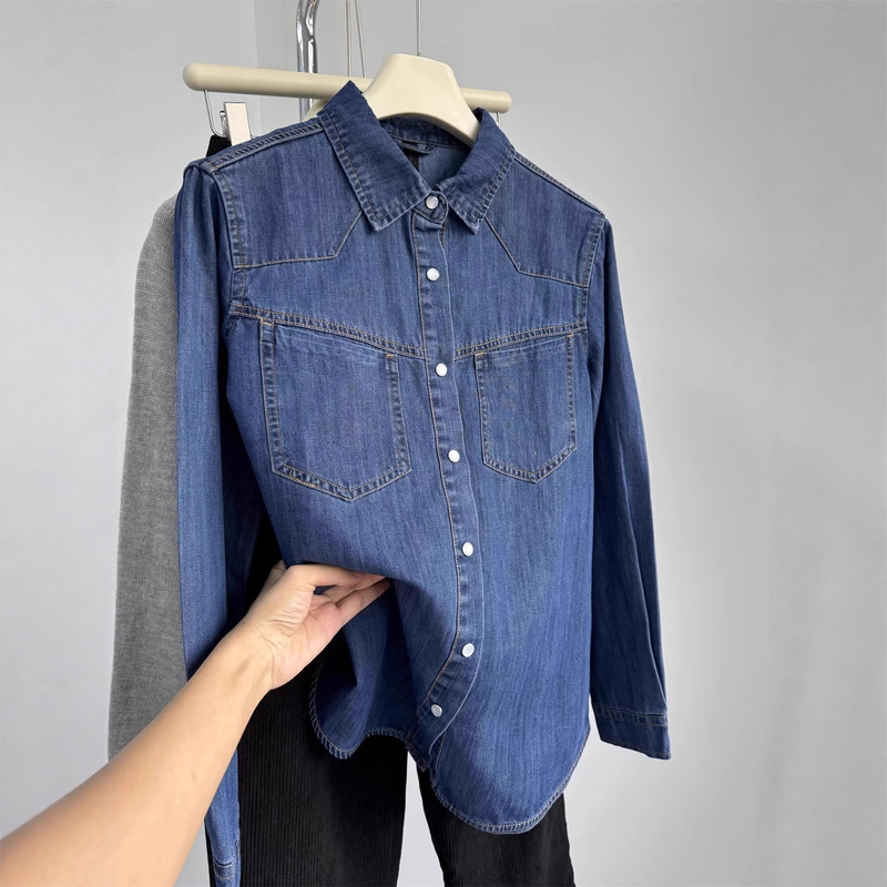 Retro Washed Dark Blue Denim Shirt for Women in Autumn and Winter Loose and Versatile Layered Long-Sleeved Shirt Jacket Hong Kong Style Top