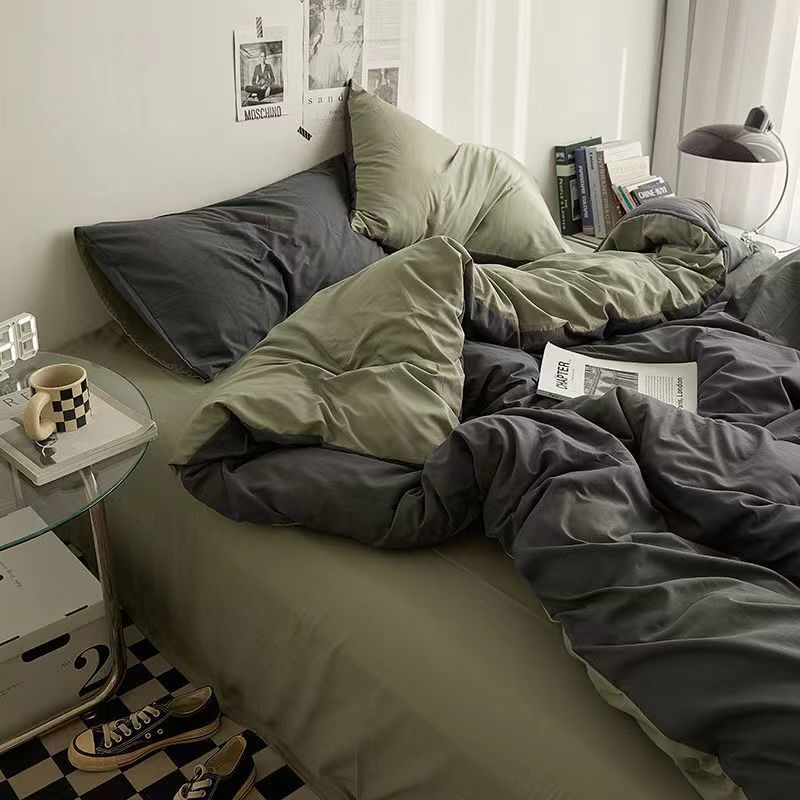 Solid Color Four-Piece Set, Simple Style Quilt Set, Complete Set of Quilt Cover, Washed Cotton Student Dormitory Sheets, Three-Piece Set