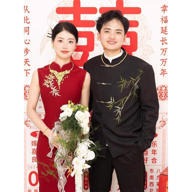モーニングローブ新中国風チャイナドレス花嫁結婚式乾杯ドレス婚約ドレスハイエンドライト高級ニッチレッド刺繍ロングドレス|undefined