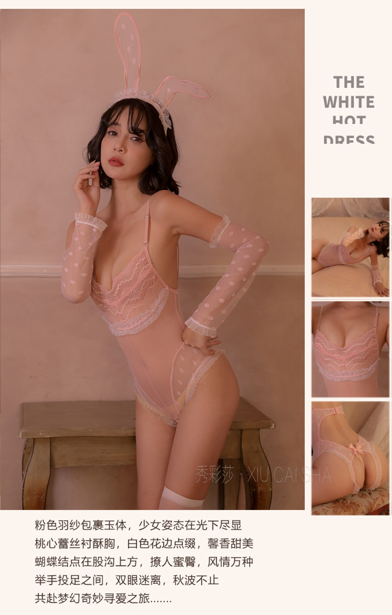 Bunny Roleplay Costume Set with Headpiece, Bodysuit and Gloves in Pink — detail image 19