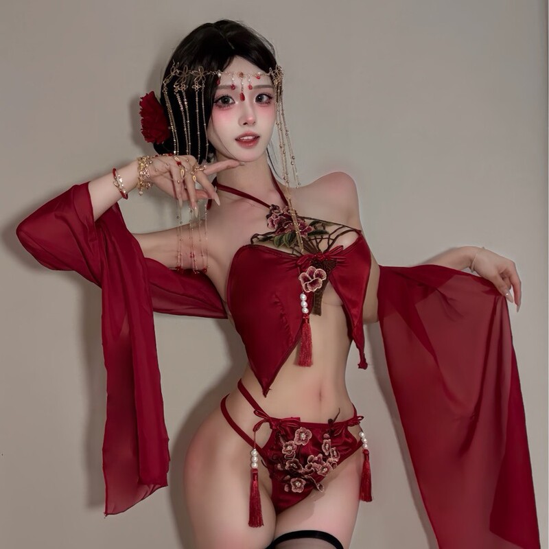 Sexy Lingerie Classical Bellyband Embroidered Lace Tassel Lace Pure Desire Cut Out Dancer Han Dynasty Shawl Suit 383