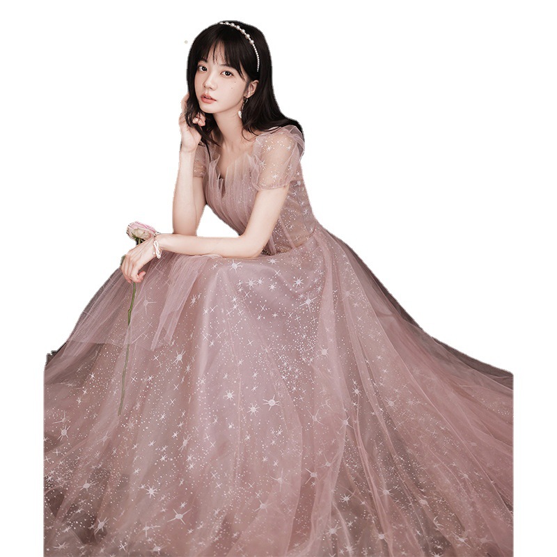 Vestido de noche con mangas abullonadas para mujer, nuevo estilo 2026, elegante, estilo bosque de hadas rosa, para fiesta, banquete, presentación.