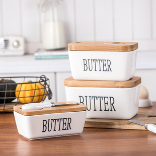 Cross-border rectangular ceramic butter box sealed cans butter box with knife Western-style household cheese box for Amazon