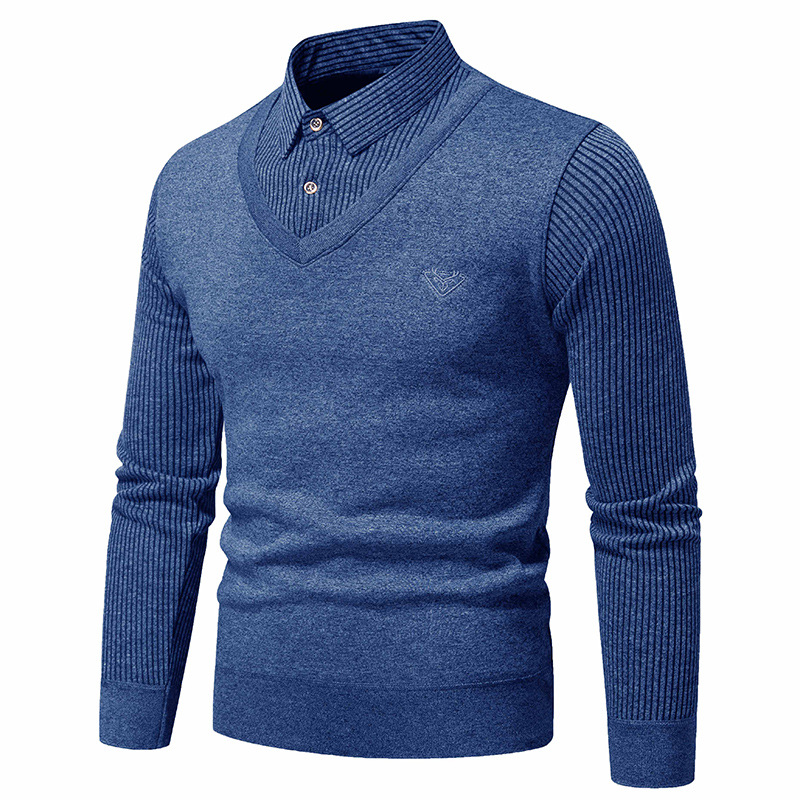 Long sleeved fake two-piece T-shirt spring and autumn new striped printed top casual lapel men's polo shirt for men_vogarts.com