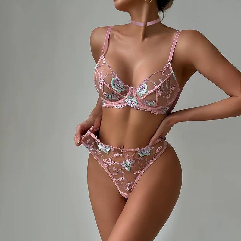 Lace bra and panty set, European style, embroidered floral, with steel rings, fuchsia, S–L