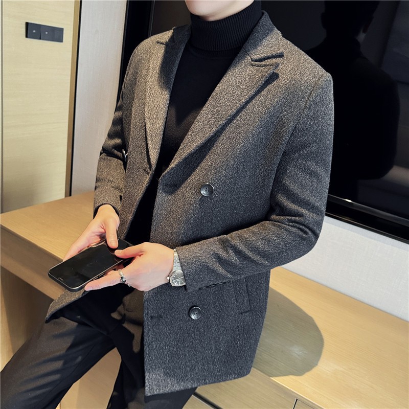 울 트위드 코트 2024 새로운 남성 누빔안감 세트 칼라 더블 브레스트 코트 기질 남성 패션