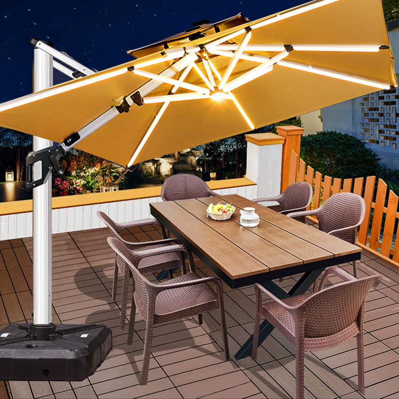 의자 6개 + 150cm 플라스틱 목재 테이블 + 3m 라이트 스트립 우산