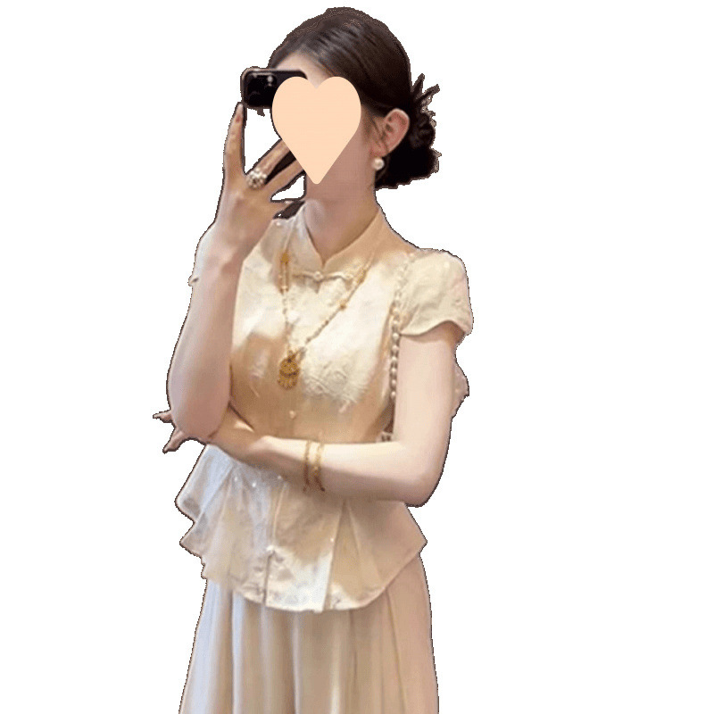 2025初夏穿搭胖新中式国风改良汉服杏色衬衫上衣高腰阔腿裤套装|undefined