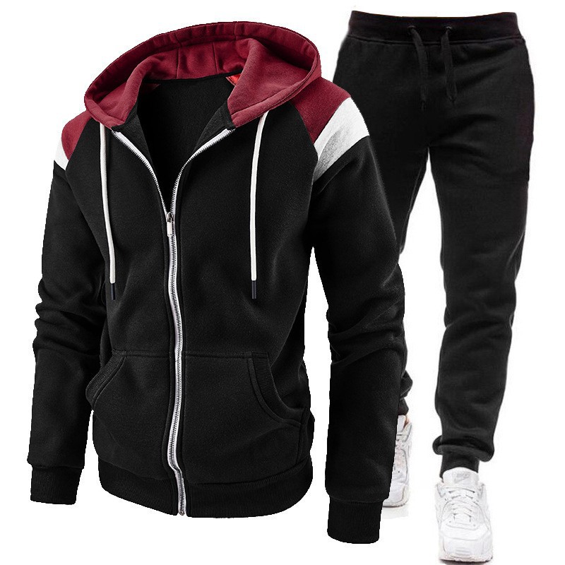Sweat à capuche zippé tendance pour hommes 2024, ensemble deux pièces printemps et automne, épissage de sport_voghion.com