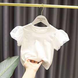 1-7岁女宝宝短袖上衣2026新款女婴儿夏装韩版女童洋气泡泡袖棉T恤
