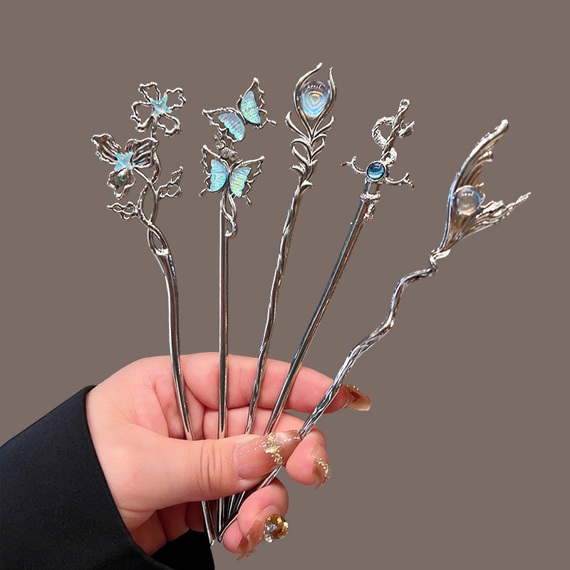 2025 new chinese style new moonstone hairpin female hair claw hairpin antique butterfly liquid metal high-grade headdress