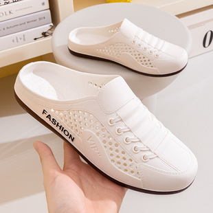 Work Casual Rain Boots for Men in Summer Breathable Mesh Shoes for Men One-Legged Lazy Heelless Beach Slippers for Men