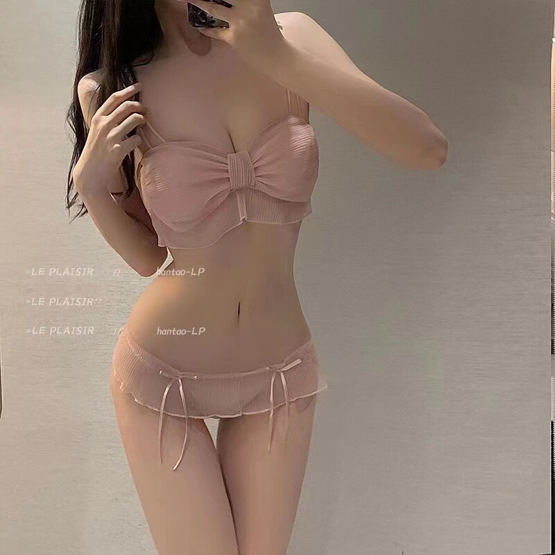 Japanese style mesh lace girl bra suit sexy temptation mesh simple one-piece bow strap underwear for women