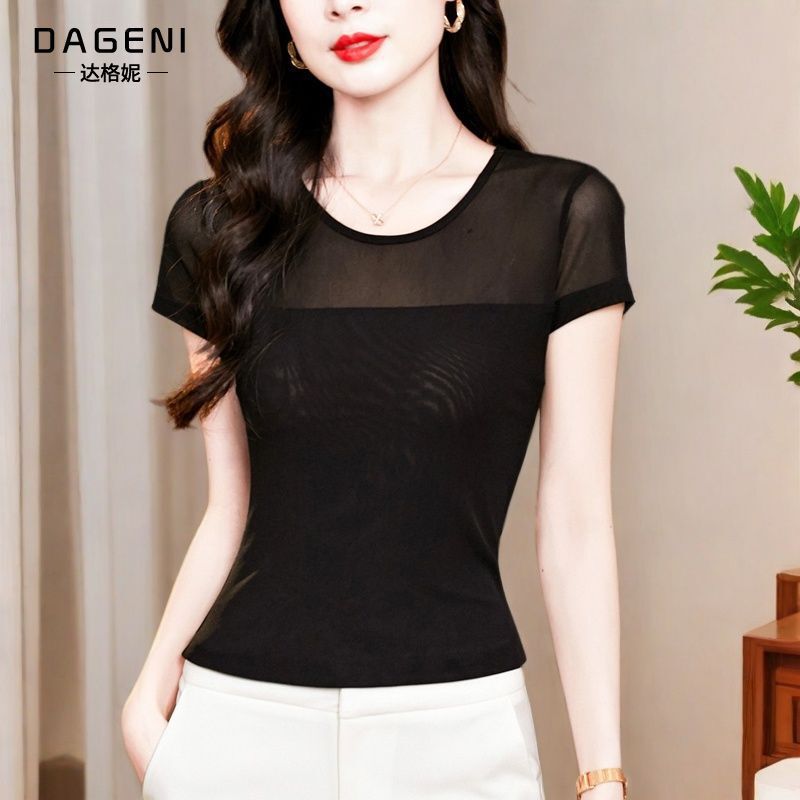 Black Round-Neck Mesh Short-Sleeve T-Shirt for Women, Summer 2026 New Stylish Lace Top