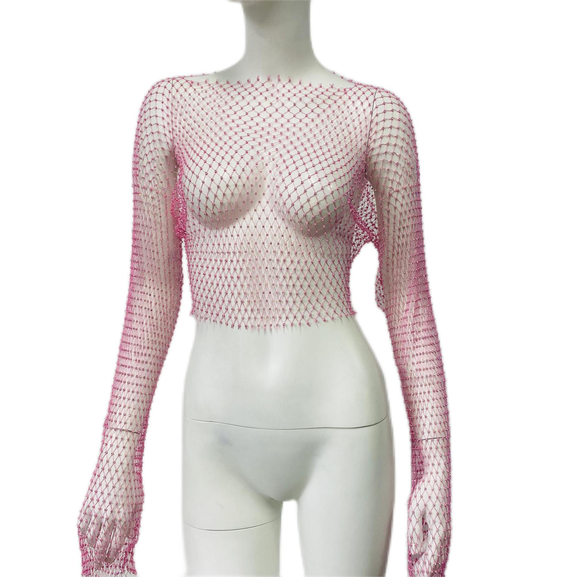 De Europa y América transfronteriza de las mujeres calientes de malla de diamantes de imitación red de pesca de manga larga Sexy Slim rhinestone Top party chica caliente de manga larga