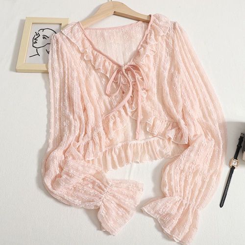 Apricot-colored lace ruffled sun-protection cardigan coat—thin, cropped, and ultra-fairy-like with a delicate tied-strap design for a sweet, gentle vibe.