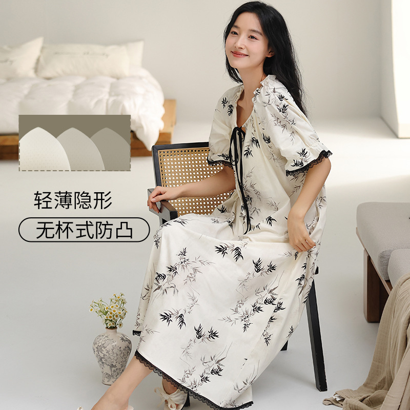 女性用胸パッド付きナイトガウン、夏用半袖プルアップフレーム、涼しい綿の薄い女の子用、甘いブラジャーなし、家着として着用可能|undefined