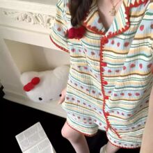 ins甜美草莓条纹云朵棉睡衣女夏季薄款短袖日系学生家居服套装夏