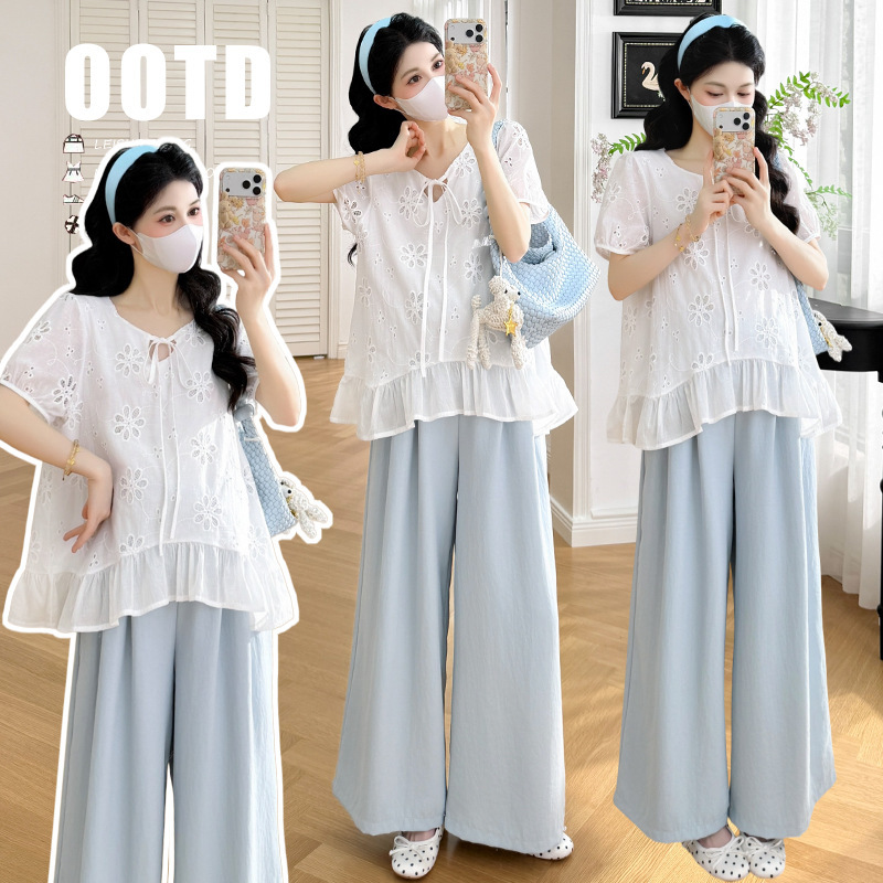 2026 Summer Lace Crochet Patchwork Floral Hem Shirt Blue Wide-Leg Pants Maternity Set 2026 Summer Lace Crochet Patchwork Floral Hem Shirt Blue Wide-Leg Pants Maternity Set