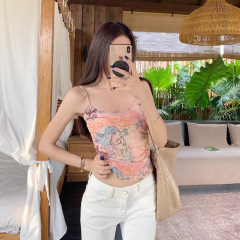 966#967#新款甜美涂鸦印花吊带带胸垫修身杏色蕾丝外套显瘦上衣
