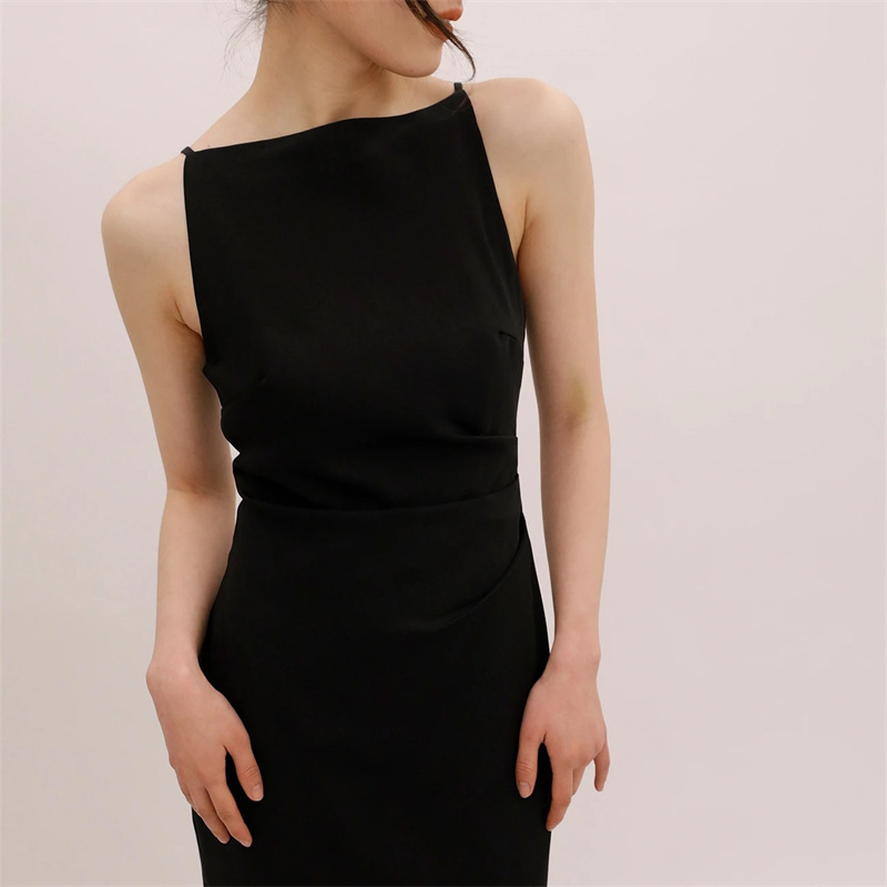 Elegant Hepburn Style Mid-length Sling Split Slimming dress Elegant Niche Dress Collar Pleated Waist