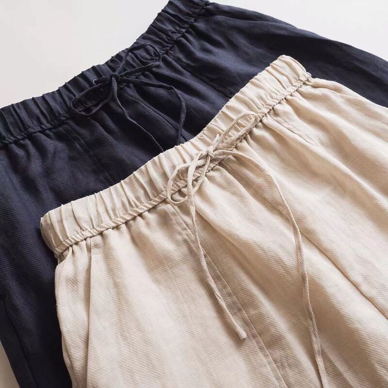 French Style Penny Lazy Relaxed Washed Pure Ramie Cotton Lined Simple Elegant Loose Waist Casual Wide-leg Shorts
