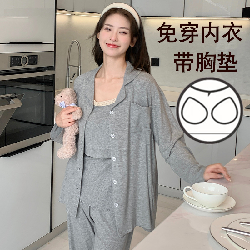Yan Yi Fang 2024 새로운 짧은 스커트 모달 가슴 패드 착용이없는 브라 임산부 산전 및 산후 간호 나이트 드레스