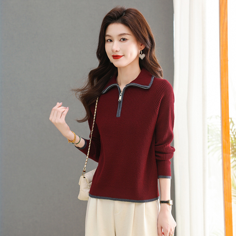 Genuine Brand Color-Block Half-Zip Collar Wool Sweater for Women, Autumn and Winter Base Layer Slimming Casual Knit Top