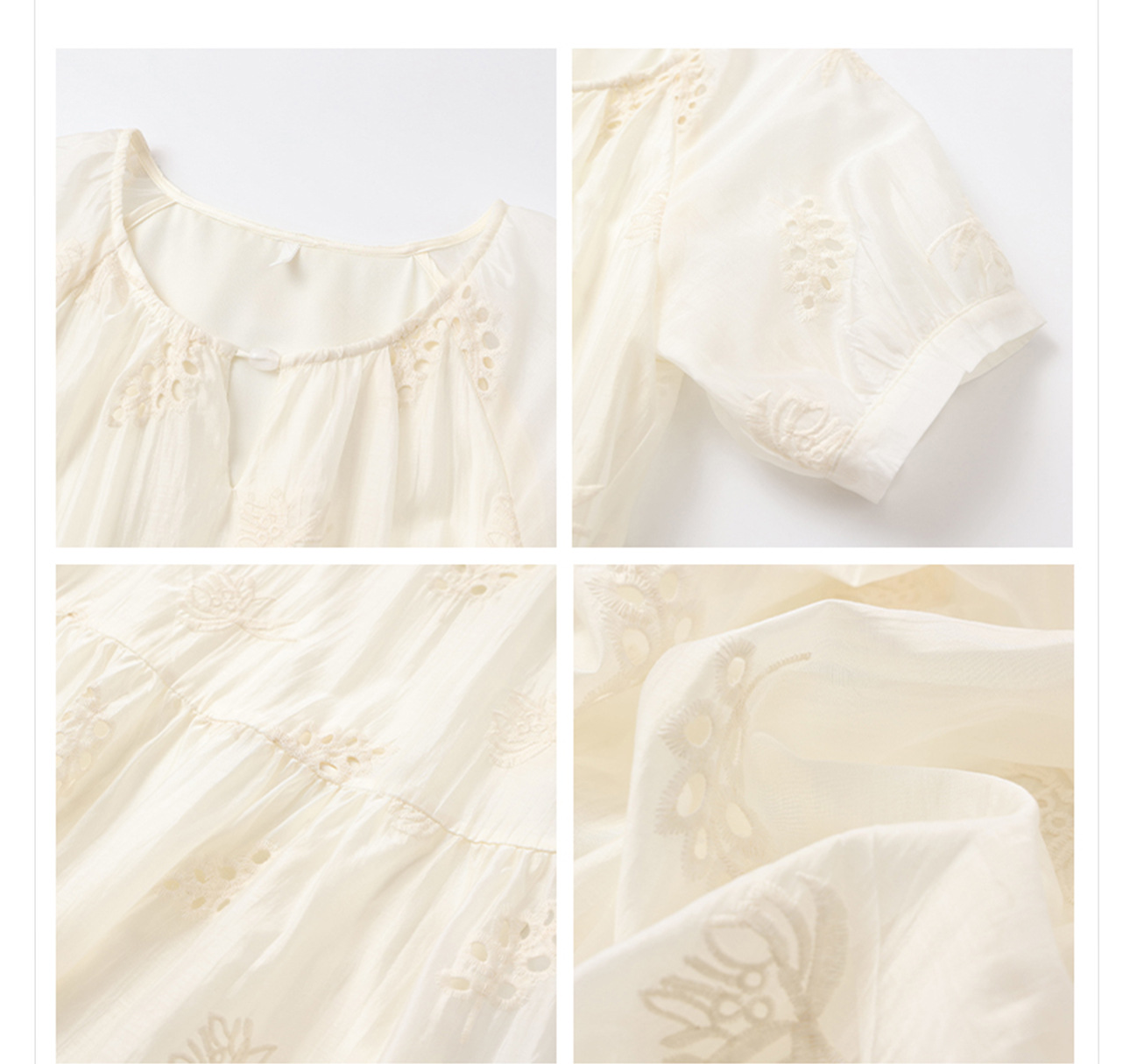 Váy suông midi Tencel phong cách Trung Quốc mới tay ngắn cổ tròn — Màu trắng be chi tiết 18