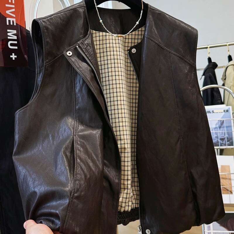 Retro Old Money Style Round Neck Pu Leather Vest Jacket Women's Autum Sleeveless Leather Jacket Vest Top Retro Old Money Style Round Neck Pu Leather Vest Jacket Women's Autum Sleeveless Leather Jacket Vest Top