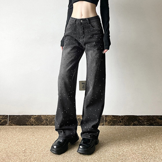 2024 Street Vintage Personalized Hot Rhinting Basic Low-rise Jeans Women's Washable Distressed Loose Wide-leg Casual Trousers