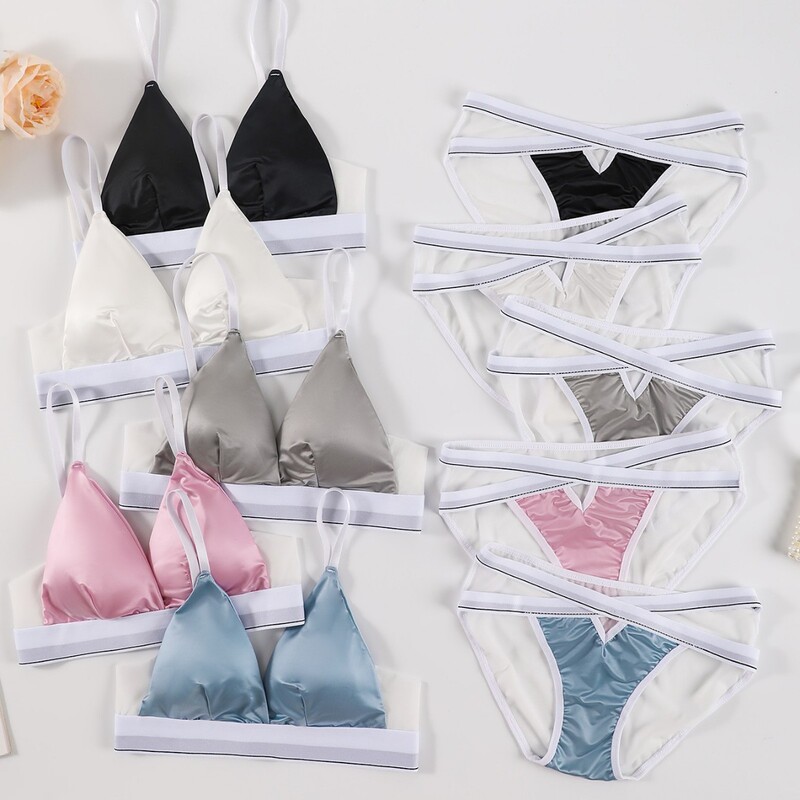 Cross-border foreign trade French sexy satin stitching mesh triangle cup contrast high-grade bikini underwear suit