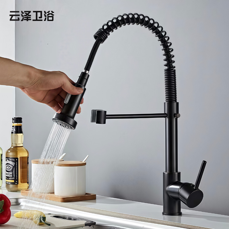 跨境不锈钢弹簧抽拉龙头可旋转冷热伸缩多功能厨房洗菜盆水槽龙头