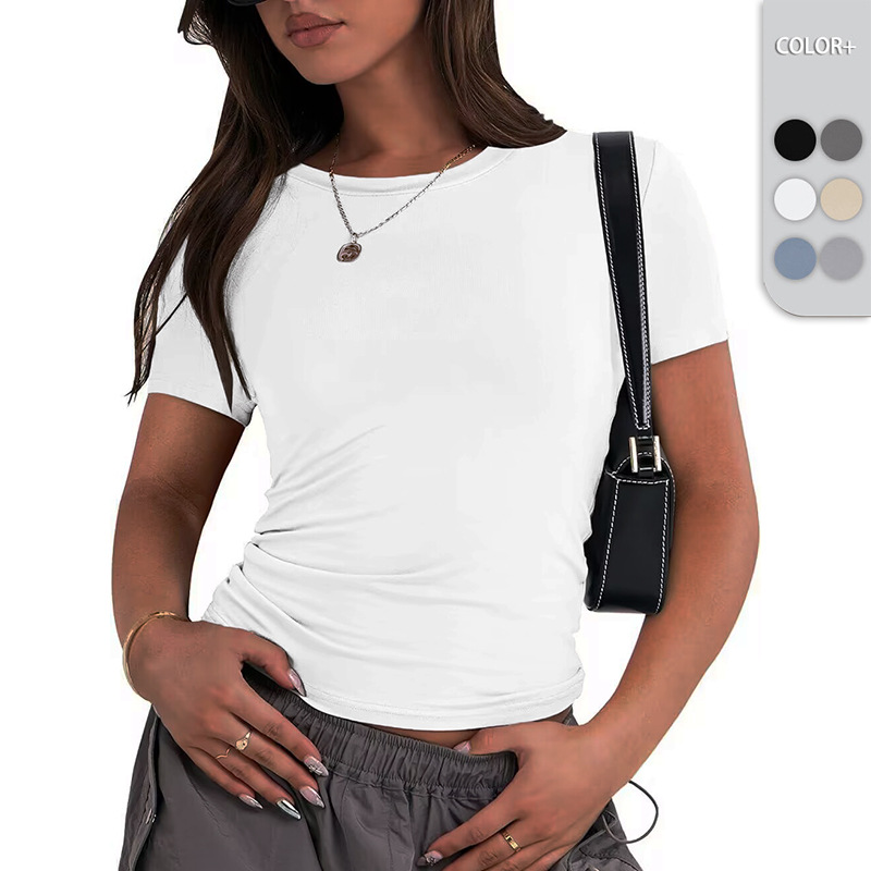 亚马逊Y2K爆款短袖T恤欧美女装上衣透气锦纶针织衫紧身打底衫批发