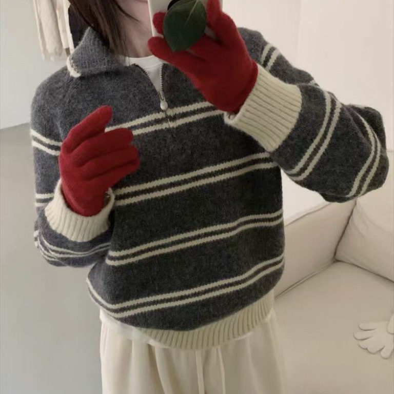 Korean-style striped half-zip turtleneck knit pullover, new autumn and winter fashion versatile youthful girly sweater for women