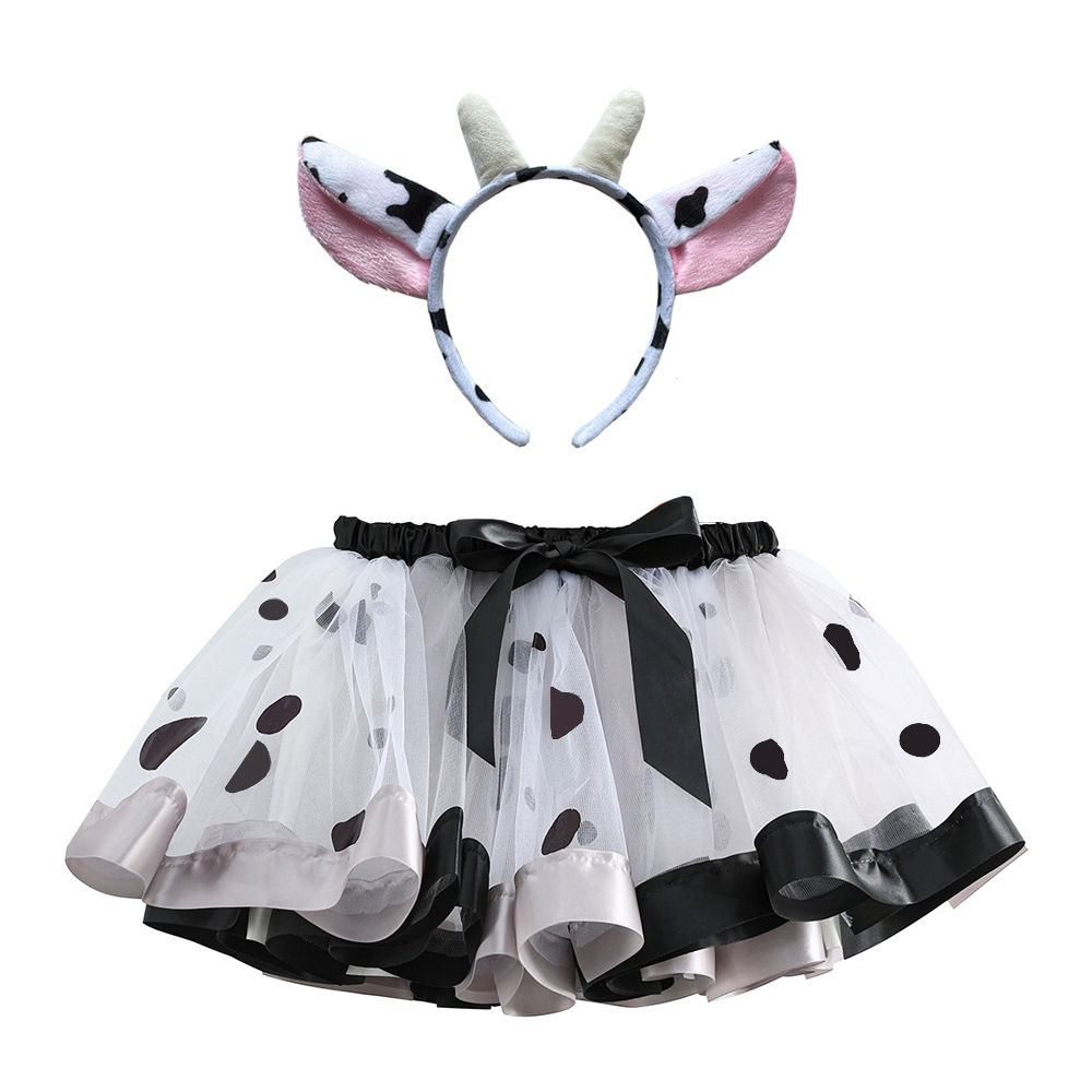 cosplay卡通奶牛斑點女童tutu裙網紗印花半身裙加內襯兒童短裙子