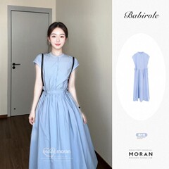 2025新款法式气质蓝色短袖衬衫连衣裙子女夏季韩系高级感收腰长裙