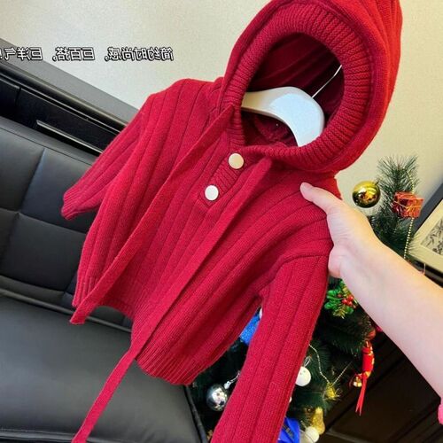 Santa Claus Red Hooded Children's Sweater Autumn and Winter New Warm Outerwear for Boys and Girls Knitted Top for Babies