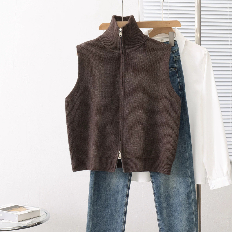 Retro collar de hombro de punto chaleco de mujer otoño invierno nuevo cardigan chaqueta de diseño suéter con cremallera suelta clip de caballo