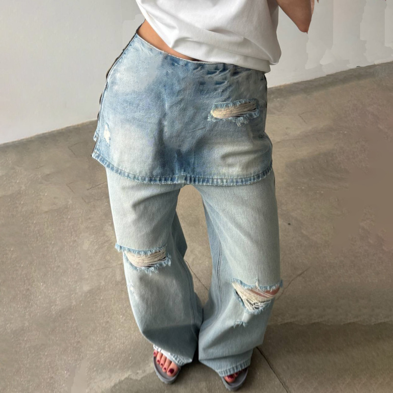 欧美时尚侧拉链假两件牛仔裤复古拼接水洗高腰不规则八分阔腿秋冬|undefined
