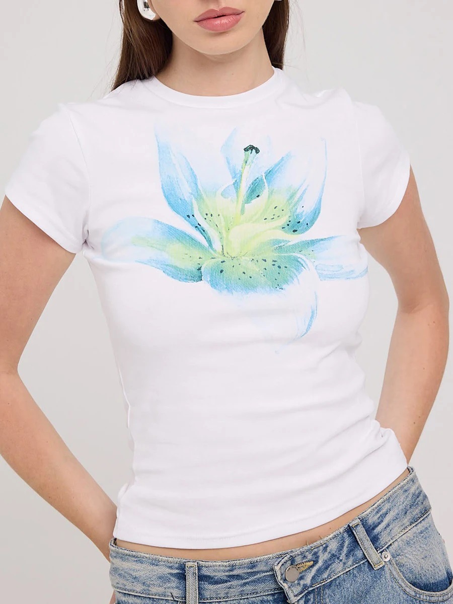 Abbigliamento da donna Streetwear Y2K T-shirt con stampa floreale da donna, scollo tondo, manica corta, vestibilità slim, maglietta per bambini, casual, quotidiano, top corto_voghion.com